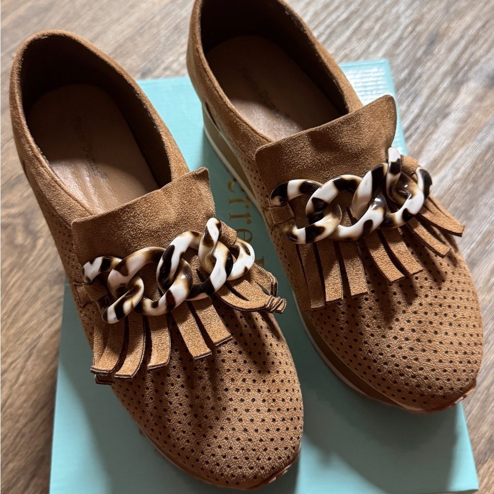 Pierre Dumas Tan Suede Loafers with Tortoise Chain